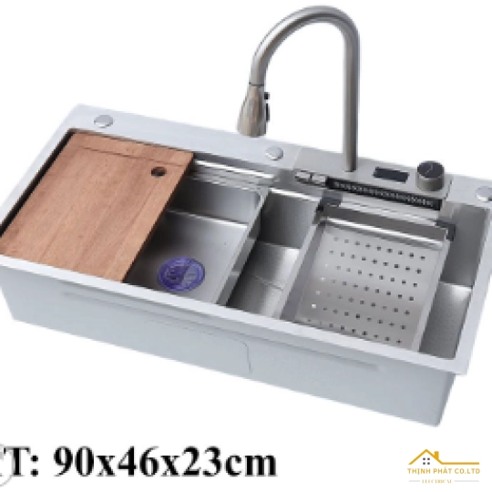 CHẬU RỬA CHÉN 1 HỘC VÒI THÁC NƯỚC, HIỂN THỊ NHIỆT ĐỘ INOX SUS 304 MÃ 9046INOX TN