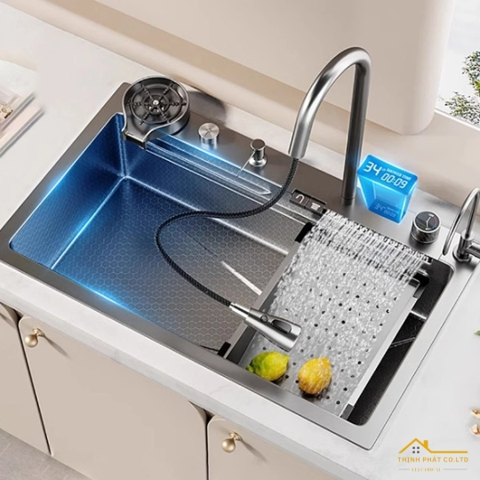 CHẬU RỬA CHÉN 1 HỘC VÒI THÁC NƯỚC, HIỂN THỊ NHIỆT ĐỘ INOX SUS 304 MÃ 9046INOX TN