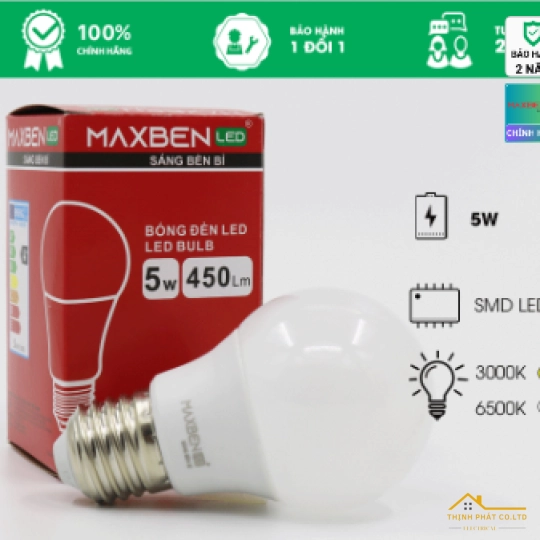 ĐÈN LED BULB TRÒN 5W E27 MAXBEN BE27-MB-A50-5
