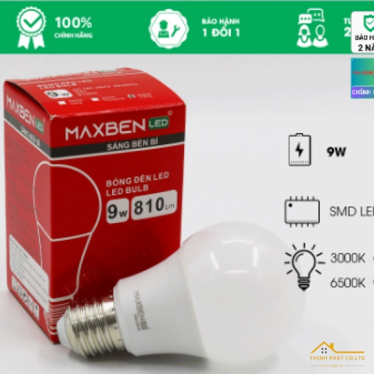 ĐÈN LED BULB TRÒN 9W E27 MAXBEN BE27-MB-A60-9
